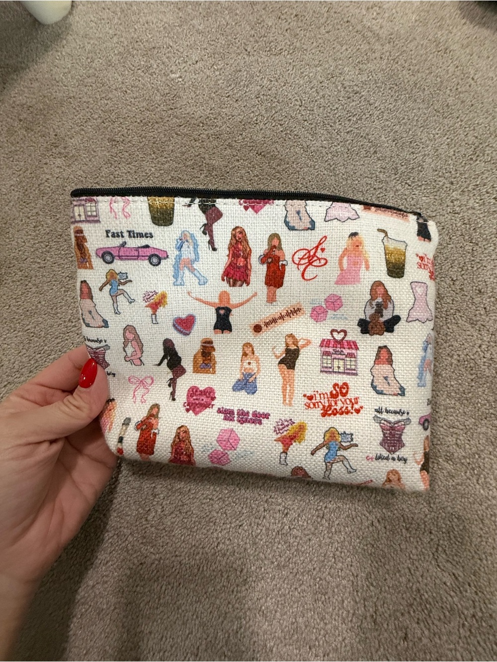 White Graphic Print Cosmetic Pouch